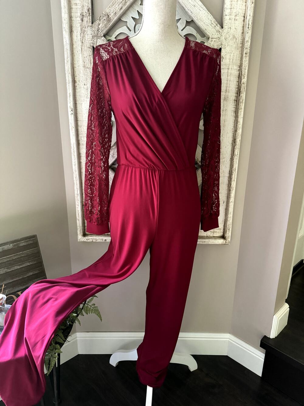 NY Collection Women's Long Sleeve Lace Surplice Elastic Waist Jumpsuit in Wine